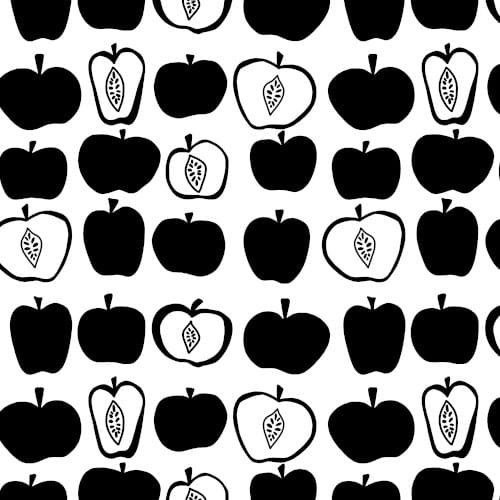 Apples Pattern, a minimalistic black and white seamless pattern of apple illustrations, halved and whole