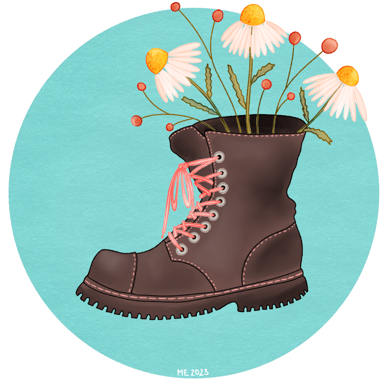 An illustration of a worn brown shoe with pink laces and pink stiching from which chamomile and some round orange flowers bloom on a soft textured teal background by Mervi Emilia Eskelinen