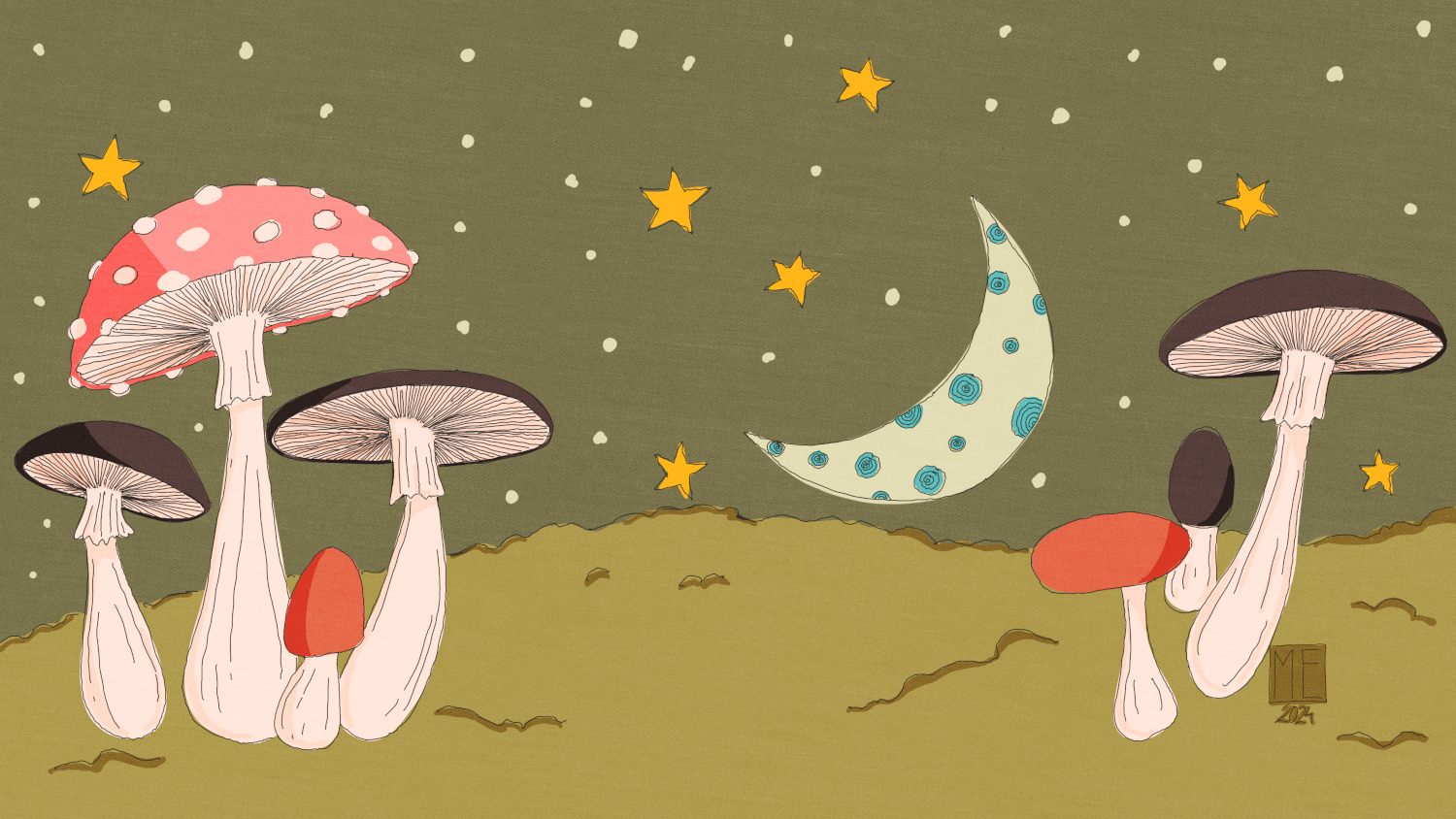 An illustration of brown, pink and orange mushrooms on a green mossy ground and before a green sky with a light greenish moon and yellow stars and light greenish dot stars with a soft canvaslike texture by Mervi Emilia Eskelinen