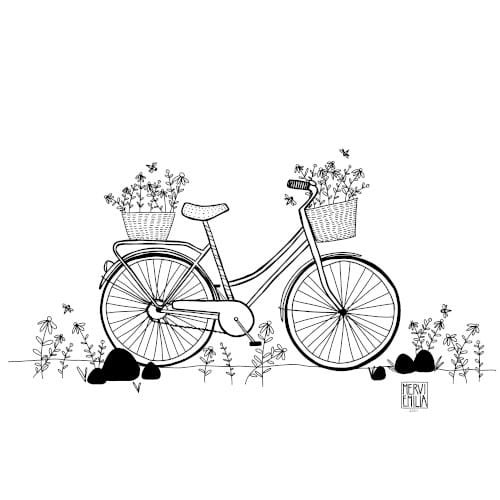 Flower Power Bicycle Illustration, a line drawing style, black and white illustration of a bicycle carrying flowers in baskets, surrounded by flowers and bees