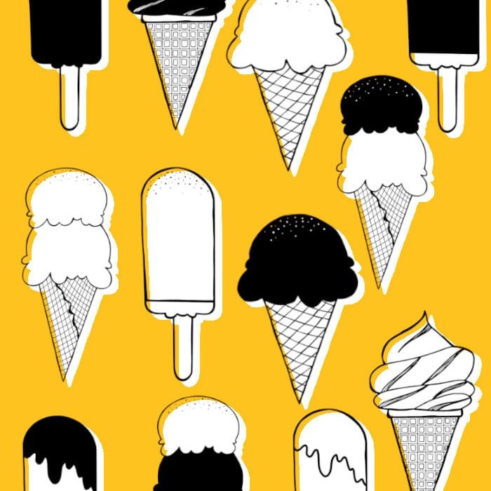 Ice Cream Illustrations Clip Art, 12 line drawing style ice cream cones, bars and soft ice cones on a powdery pink background